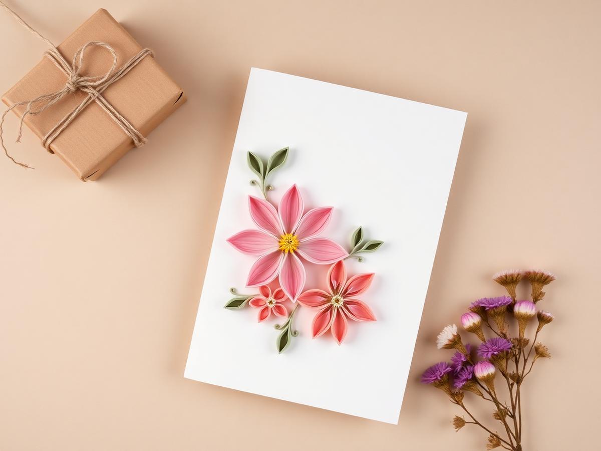 Tarjeta artesanal con flores de quilling