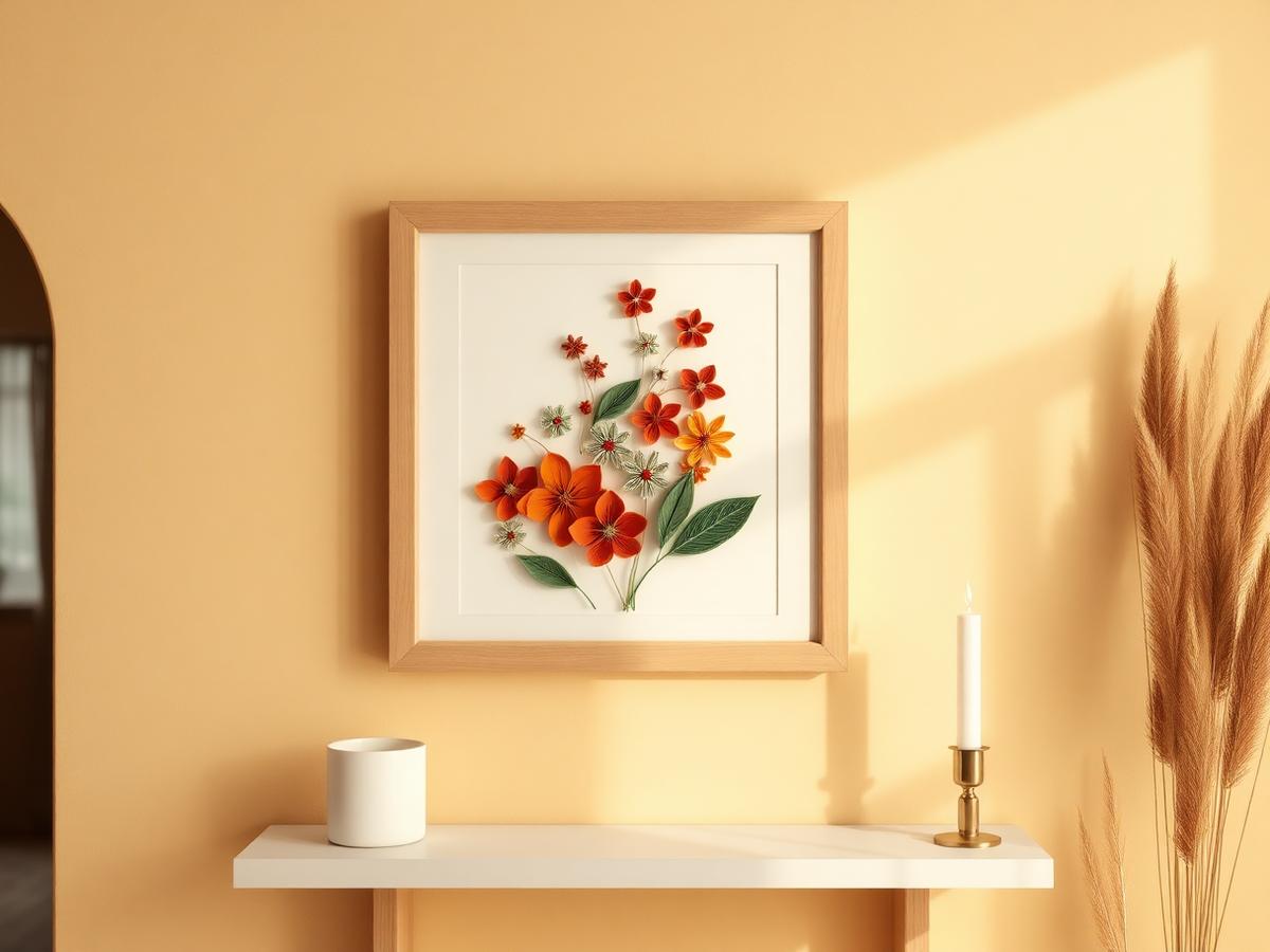 Cuadro de quilling enmarcado en una pared